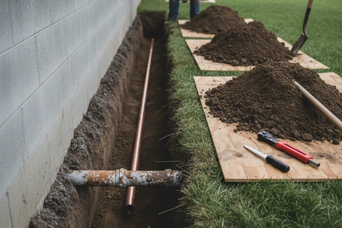 Excavated water line trench during Water Heater Repair in Slater